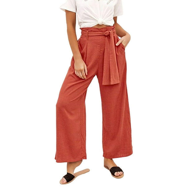 Womens Linen Cotton Elastic High Waist Harem Pants Casual Loose Baggy Trousers